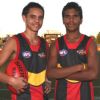 OFF TO CAMP: Braedon Mclean (left) from Darwin, and Jake Neade from Elliott in the Northern Territory, will attend the AFL's KickStart Camp in Melbourne next month. Picture: SLATTERY MEDIA