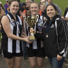 Dalyston vice-captain Jade Macdermid, captain Ally Kershaw and coach Ella Angarane with the west division premiership cup