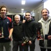 Joint Under-16 best and fairest winners Thomas Mann (Sale City), Cody Macdonald (Pax Hill) and Damien Hough (Southside) with Kevin Hogan
