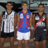 HISTORIC: Lewis Jetta (SDFC) (left), Stephen Hill (WPFC) and Troy Cook (PFC) model the WAFL's NAIDOC Week jumpers.