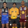 HISTORIC: WAFL umpire Brandon Simpson (centre) with Daniel MacAulay (EPFC) (left) and Raphael Stack (Subiaco) (right) model the WAFL's NAIDOC Week jumpers.