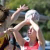 Elisha Fiddes shoots over her Shepparton defenders hand in the B grade clash 