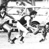 Niel Rutzou from the Tamworth Swans lunges at the ball, with team mate and defender Clinton Kelly supporting in this match against Robb College.  Dated 1983, courtesy of the Northern Daily Leader.