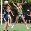 Goorambat's Jo Gall jumps high in B-grade's 14-goal win against Greta. Picture: Meredith Tolliday.