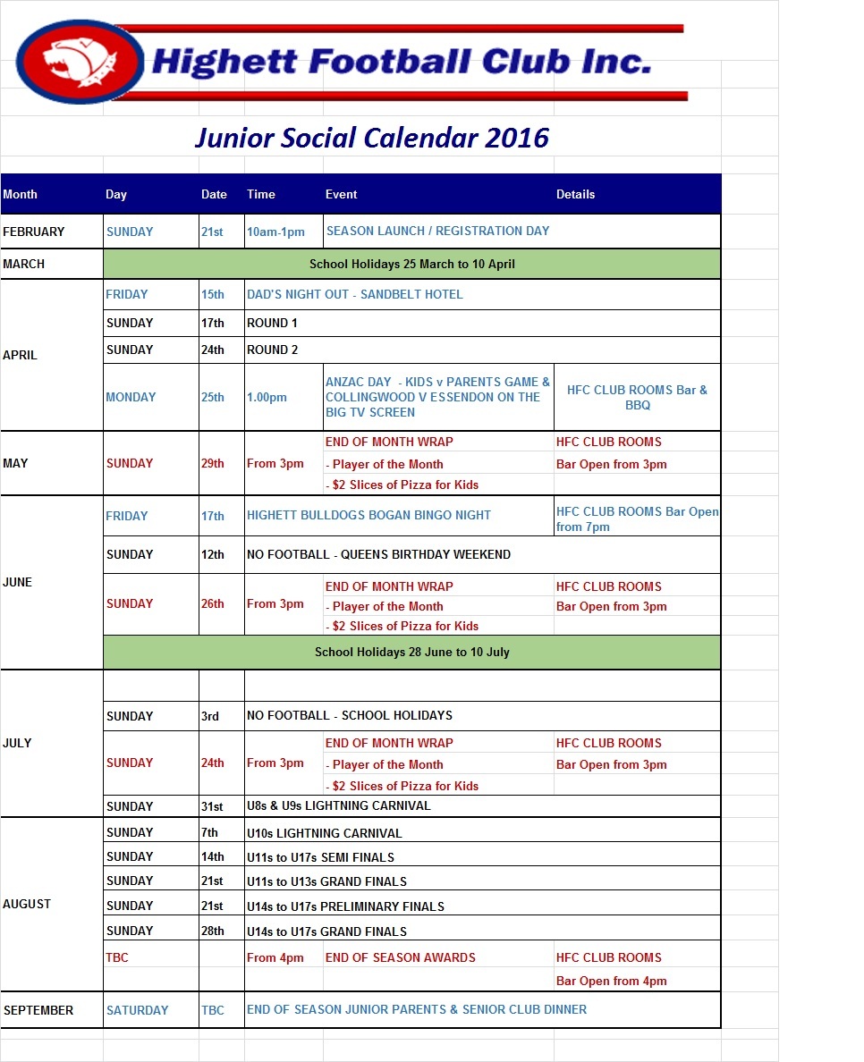 2016 Junior Social Calender