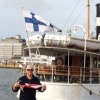 David Farr with the burgee at Market Square, Helsinki, Finland