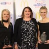 Club Championship Award (netball) Renee Blandford (Moe), Karen Baum (TRFM Gippsland League board) and Kate French (Traralgon)